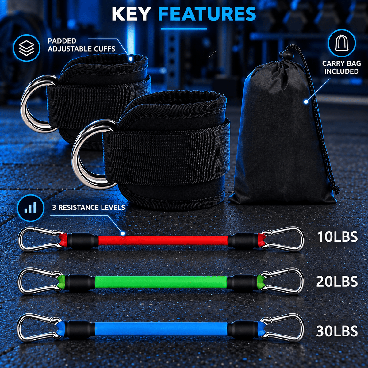 Ankle Resistance Band Set with Padded Cuffs - Eleva Labs