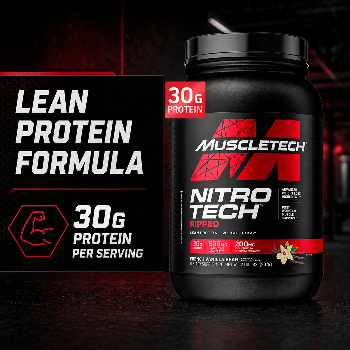 MuscleTech Nitro-Tech Ripped – lean protein formula, 30g protein per serving