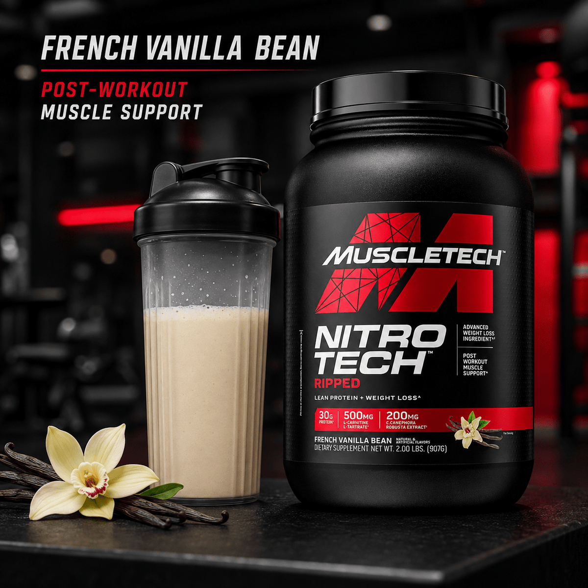 MuscleTech Nitro-Tech Ripped French Vanilla with shaker – post-workout muscle support