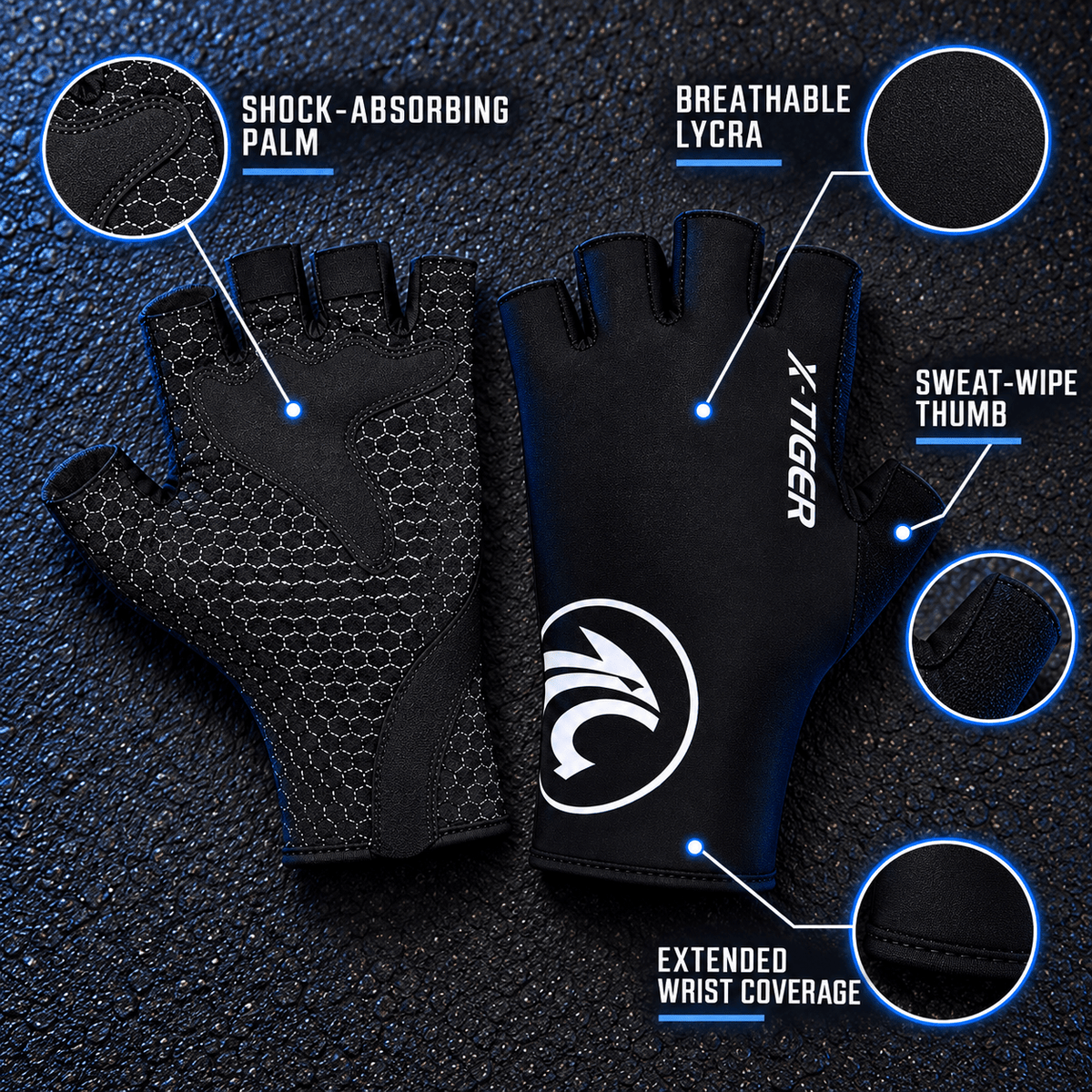 Cycling gloves features – shock-absorbing palm, breathable lycra, sweat-wipe thumb