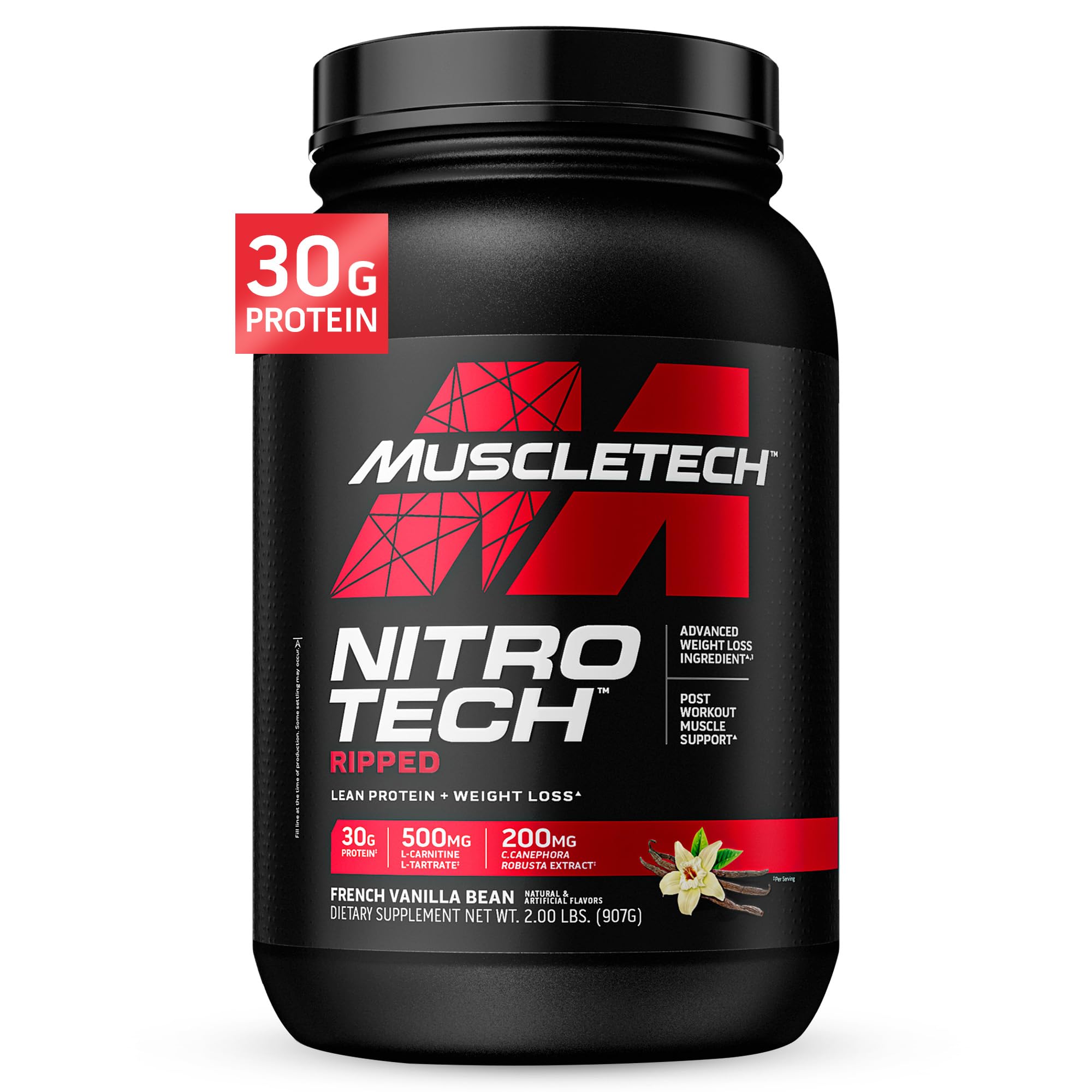 Muscletech Whey Protein Powder (French Vanilla Bean 2LB) - Nitro-Tech Ripped Whey Protein Isolate & Peptides Smoothie Mix for Lean Muscle & Fast Recovery - 30g of Whey Protein for Women & Men - Eleva Labs