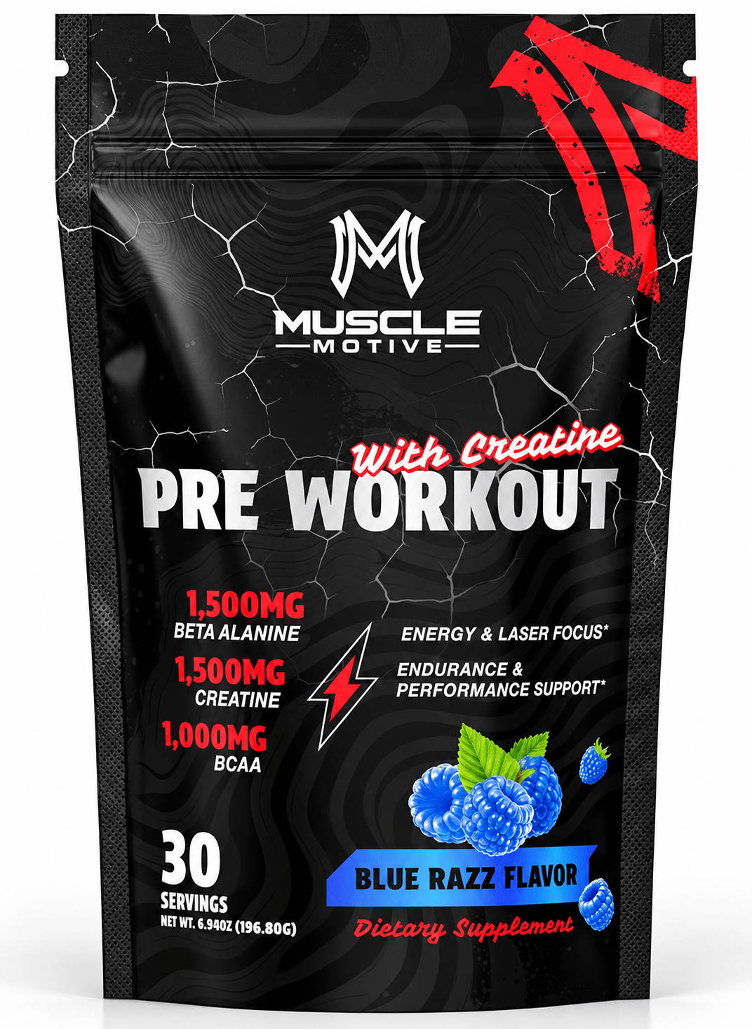 Muscle Motive Pre Workout with Creatine - Blue Razz, 30 Servings - Eleva Labs