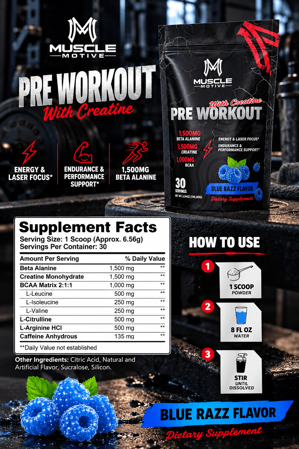 Muscle Motive Pre Workout with Creatine - Blue Razz, 30 Servings - Eleva Labs