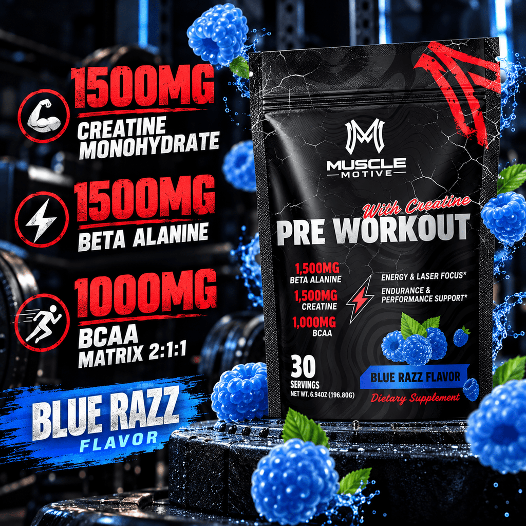 Muscle Motive Pre Workout with Creatine - Blue Razz, 30 Servings - Eleva Labs