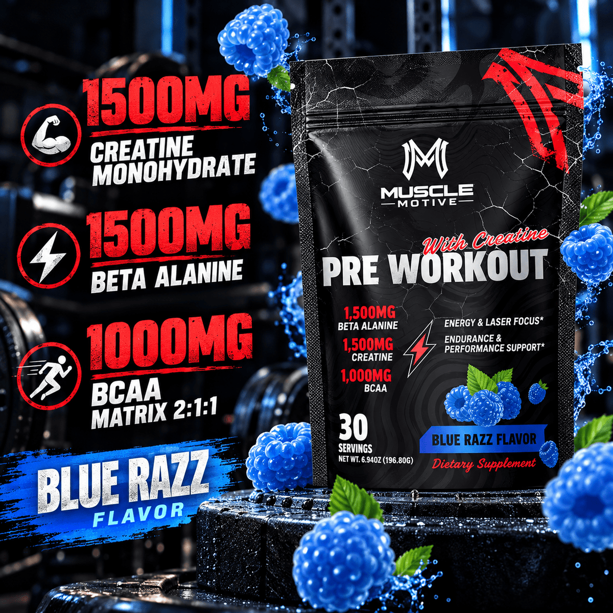 Muscle Motive Pre Workout with Creatine - Blue Razz, 30 Servings - Eleva Labs