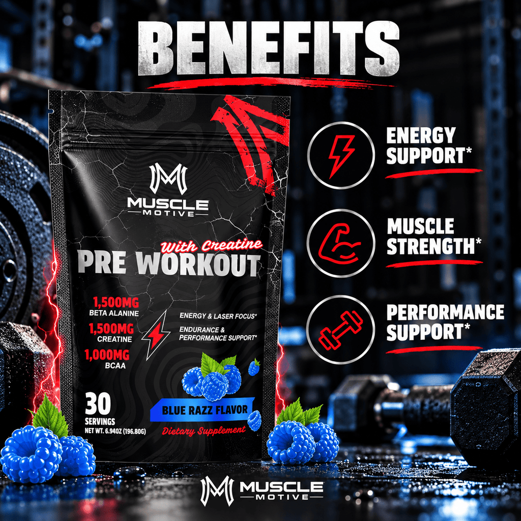 Muscle Motive Pre Workout with Creatine - Blue Razz, 30 Servings - Eleva Labs