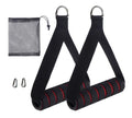 Pair of padded strap cable handles with carabiners and mesh bag – front view
